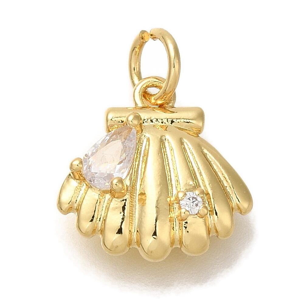 5775 10 Pcs Brass Shell Shape Charms 3D Cubic Zirconia Mini Ocean Life Sea